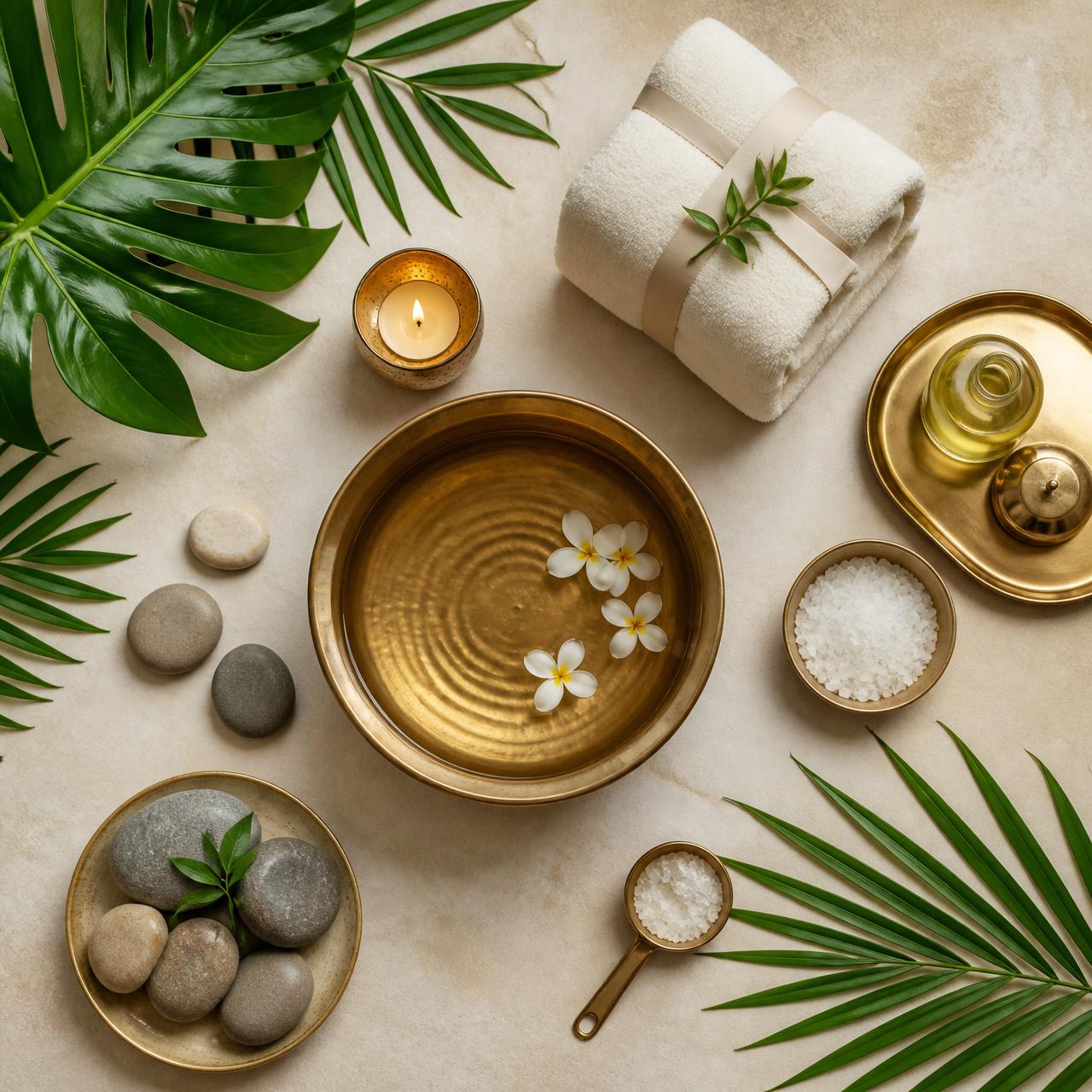 Premium spa flat lay with gold and botanical accents